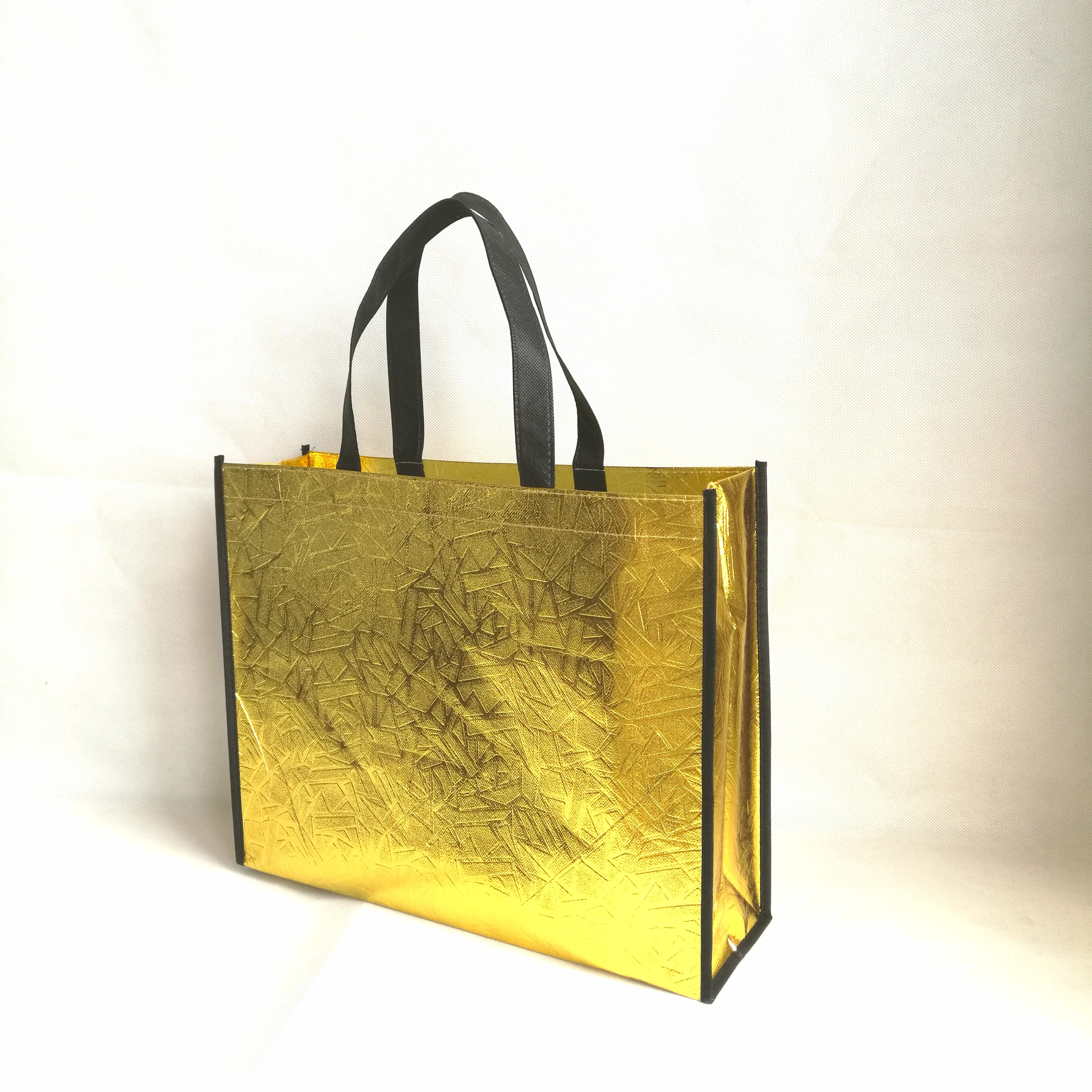 100 шт./лот 32Hx40x12cm многоразовая блестящая золотая металлическая Нетканая хозяйственная сумка с ламинацией для торговой выставки без логотипа