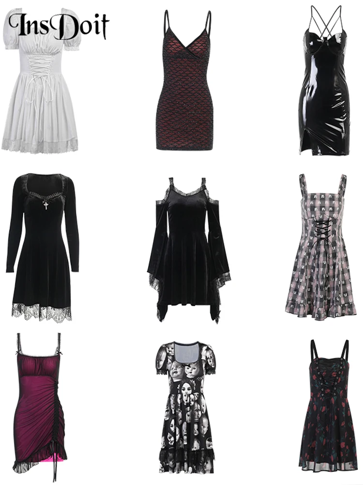 

InsDoit Lolita Gothic Black Corset Dresses For Women Harajuku Vintage Aesthetic Mini Dress Y2K Punk Elegant Party A Line Dresses
