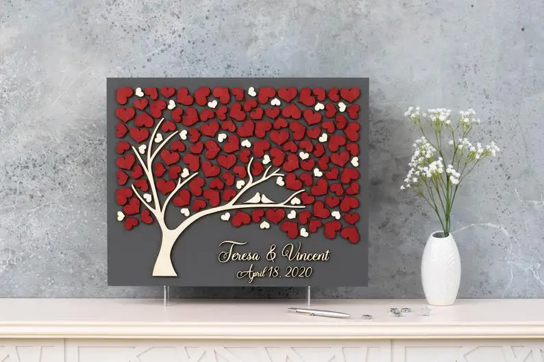 

Custom 3D Wedding Guest Book,3D Love Tree Wedding Guest Book Alternative,Wood Custom Unique Guest Book,Hearts Leaves Rustic Book