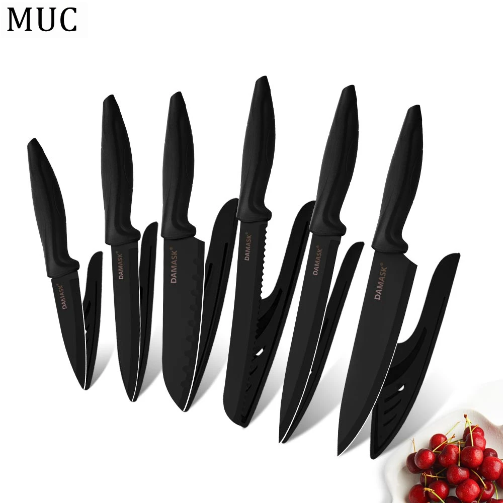 Дамасские кухонные ножи 6 шт. набор черных ножей из нержавеющей стали