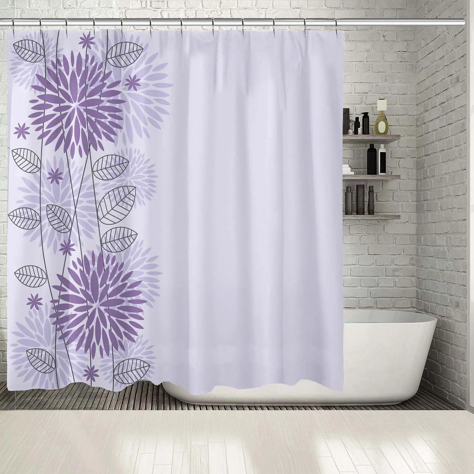 

Shower Curtain Flowers Blooms and Leaves Wildflowers in Summer Nature Floral Modern Artwork Purple Lilac Gray