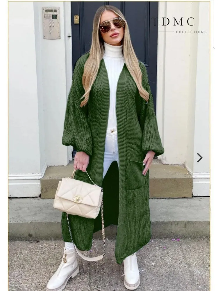 

Роскошные Длинные кардиганы для женщин, новинка сезона осень-зима 2021, женские свитера, пальто оверсайз с карманами, зеленые