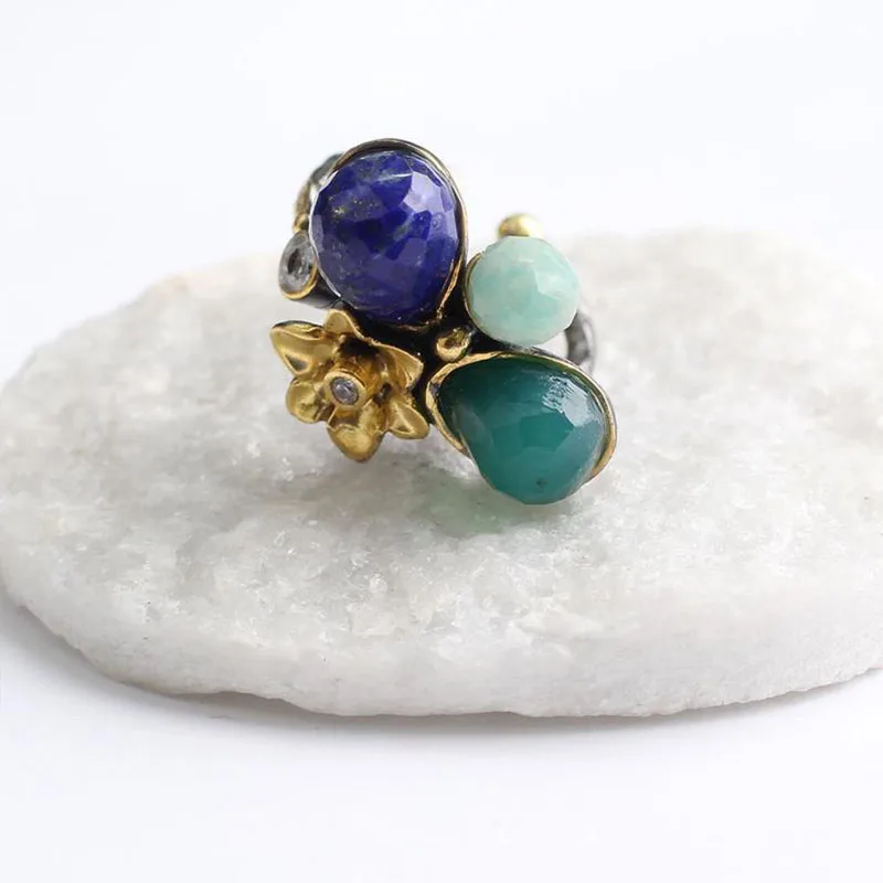 

Blue Green Zircon Gold Plated Womens Silver Ring, Woman 925 Silver Zircon Handmade Ring, MultiColor Oval Zircon