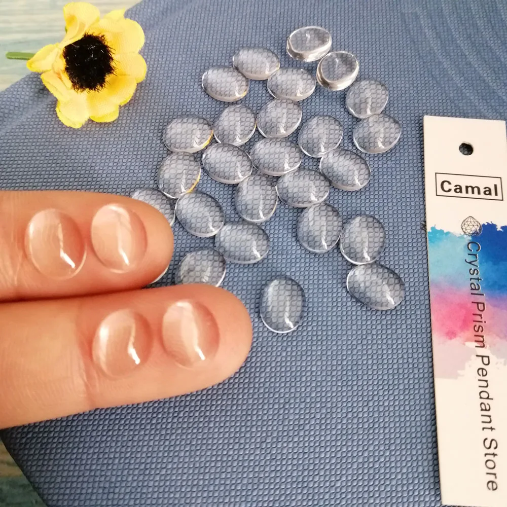 

Camal 20pcs 10mmx8mm Oval Transparent Clear Glass Dome Cabochon Cameo Flat Back Crystal Magnify Base Cover Craft Jewelry Making