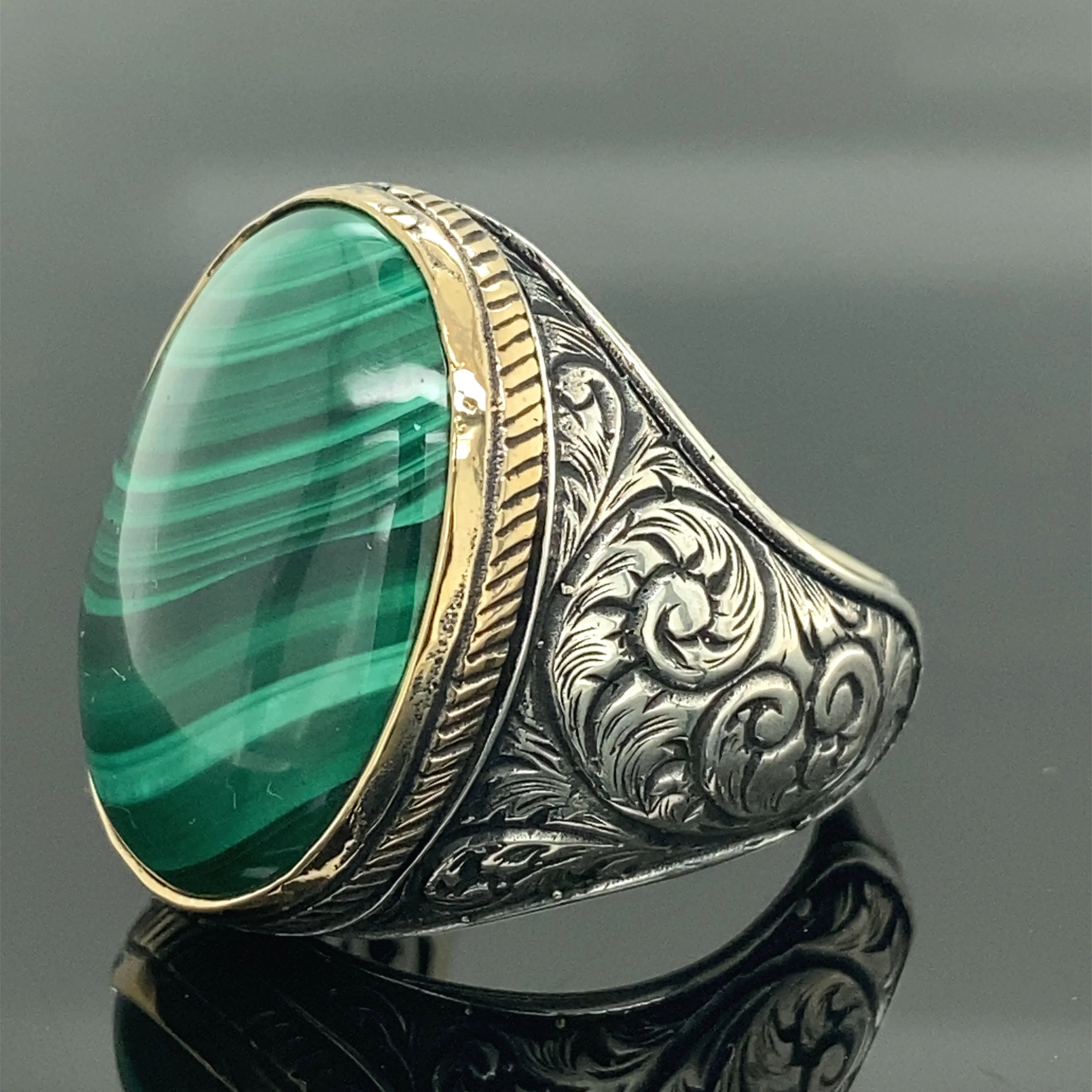Men Handmade Ring , Malachite Gemstone Ring , Oval Gemstone Ring , Embroidered Ring , Ottoman Jewelry , 925k Sterling Silver Rin