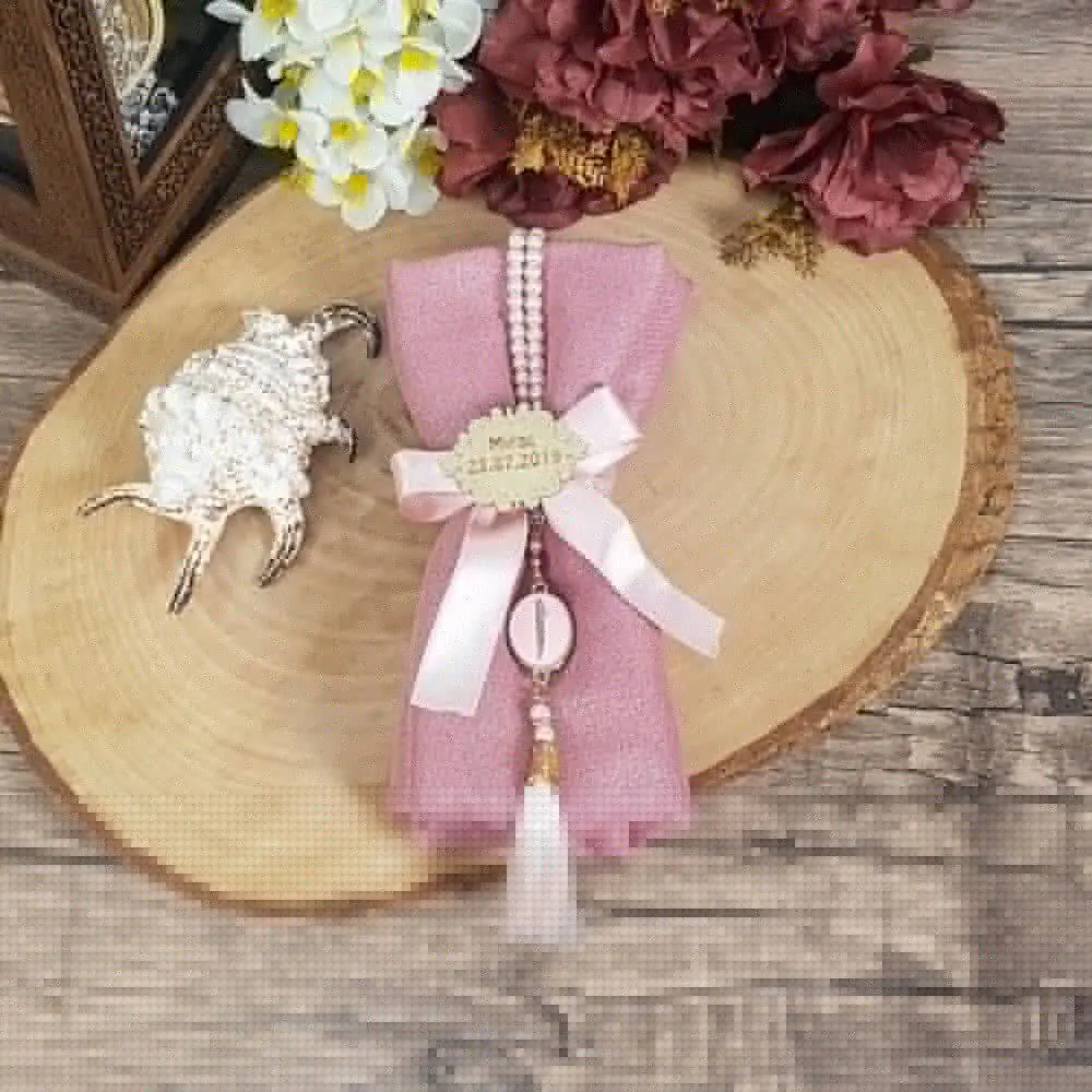 Gift Wrap, Luxury Pearl Rosary, Custom Plexiglass, Ribbon Decorated Set - Pink   Set FREE SHİPPİNG