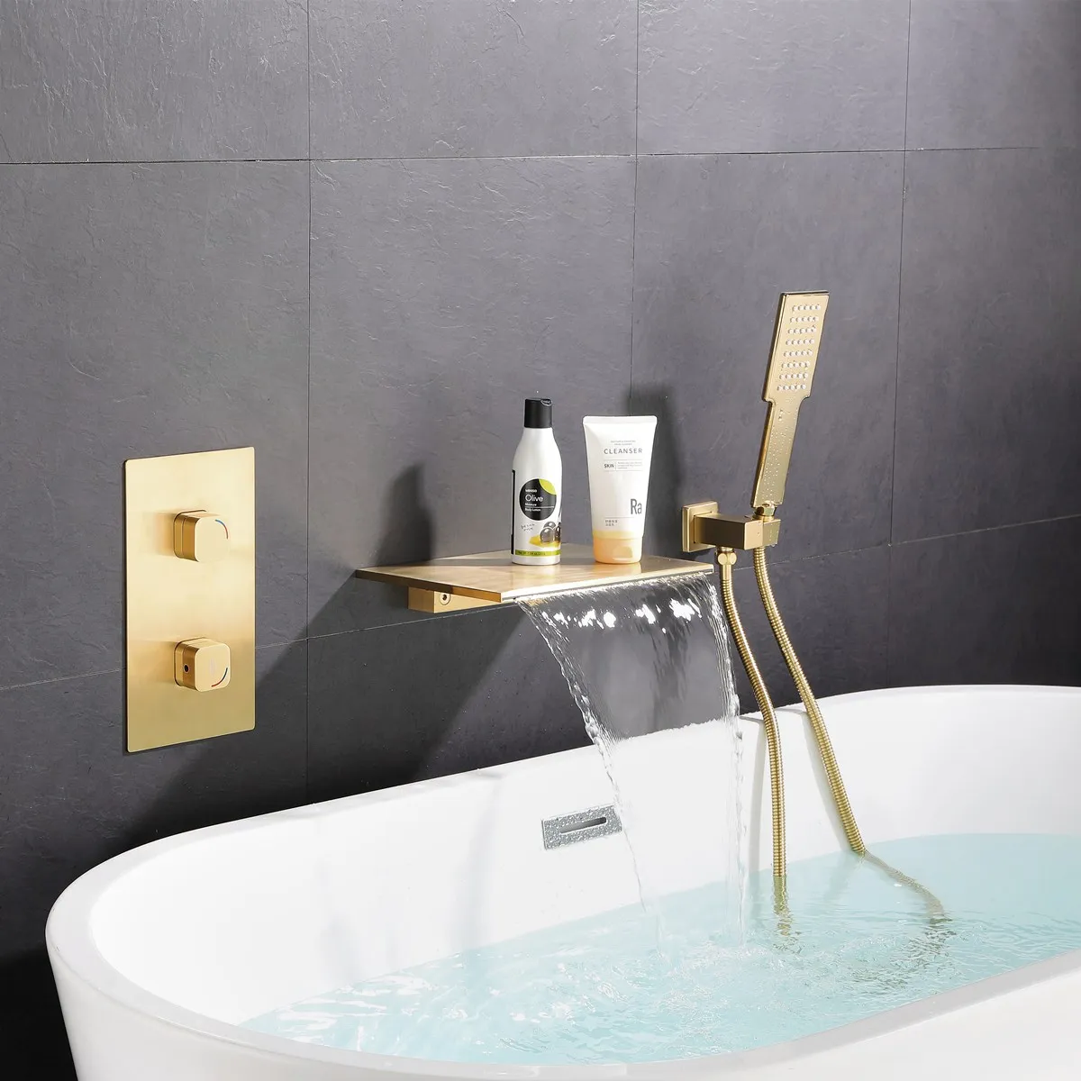 

Modern Bathtub Waterfall Faucet Set Wall Mount Tub Spout Hot and Cold Mixer Concealed Tap With Negative Ion Pressurized Head