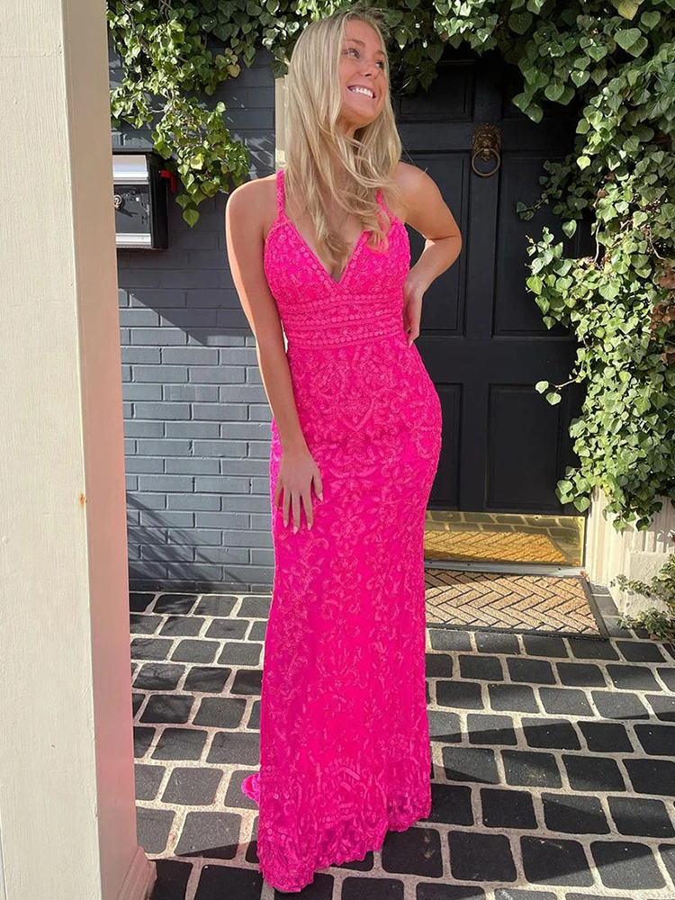 

Mermaid Spaghetti Straps Hot Pink V Neck Prom Dress With Appliques Sleeveless Evening Dress Sexy vestidos de noche 2022 New