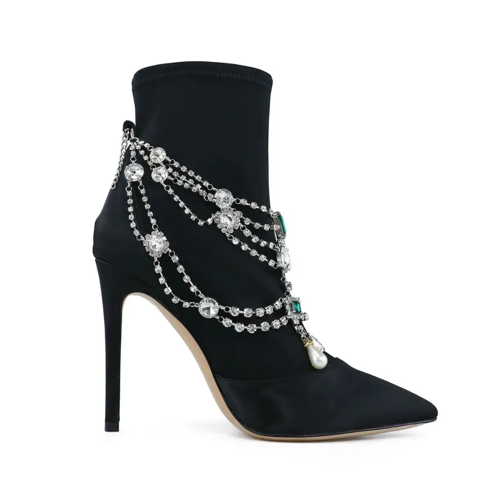 

Women Sexy Mid-calf Boots Lady Metal Chain High Heels Shoes Crystal Decor Pointed Toe High Heels Short Boots Women 2020