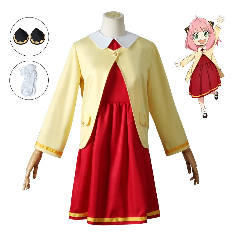 

Anime SPY X FAMILY Anya Forger Cosplay Costume Daily Red A-Line Dress Stockings Girls Party Role Outfit Adults Kids Halloween