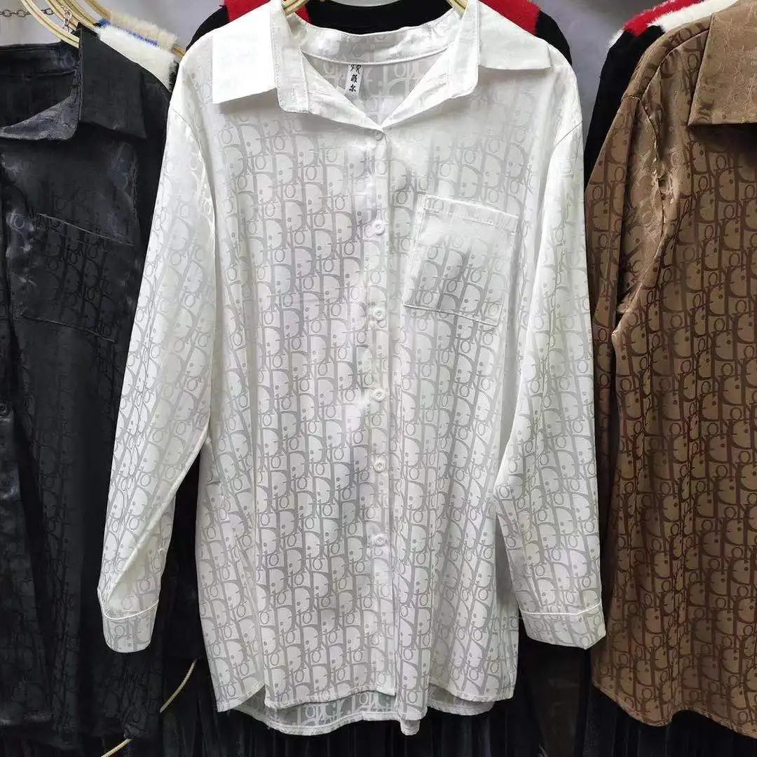 

2021 New Fashion Long-Sleeved Loose Ladies Shirt Office Work Printing Shirt Female Korean Mid-Length Polo Shirt Top