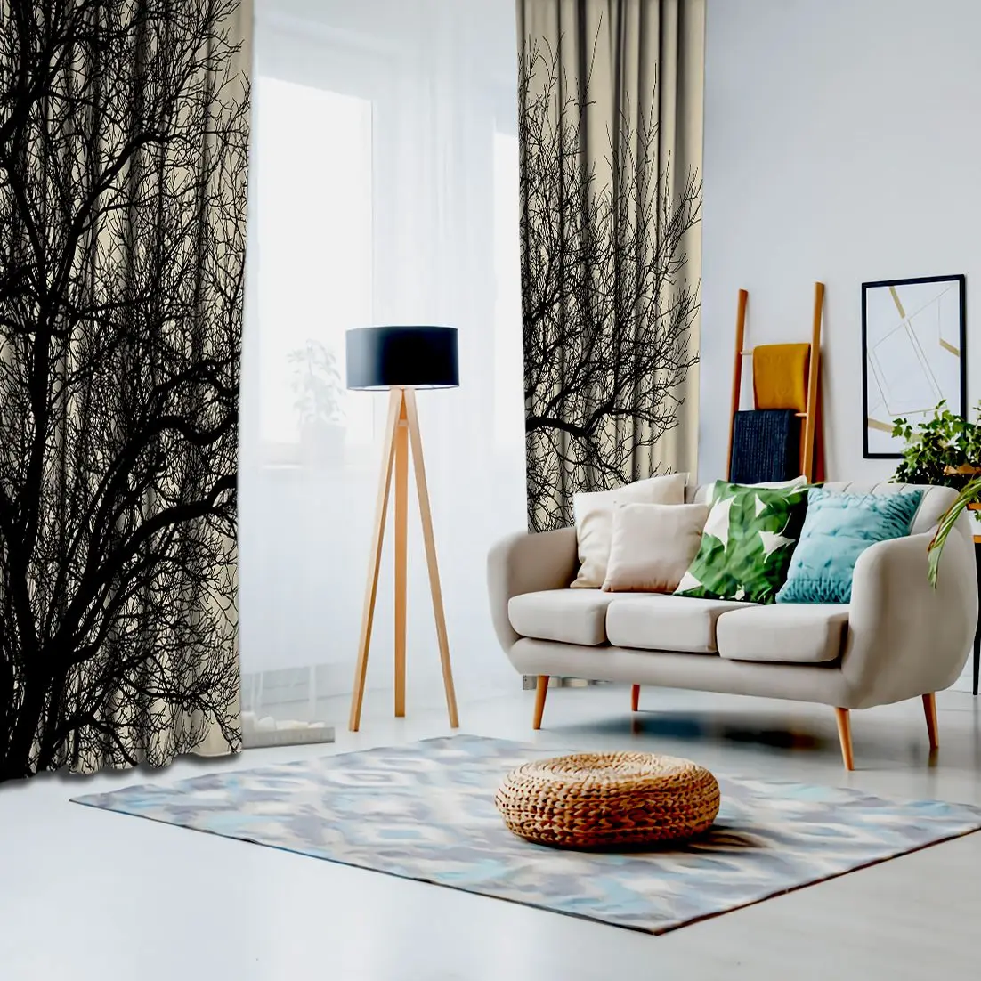 Штора из кожи ветви дерева зимний наружный силуэт природа пейзаж бежевый и