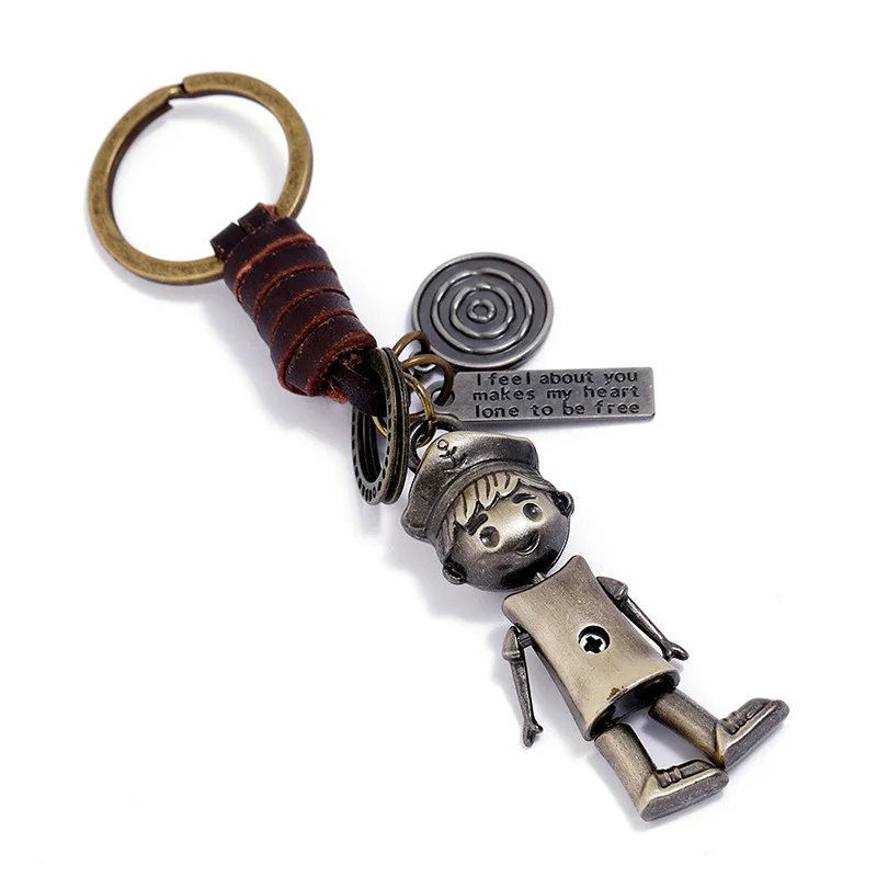 

Handmade Genuine Leather Robot Keychain For Men Women Hand foot Moveble Vintage Carton Car Key Chain Jewelry Gift For Friends