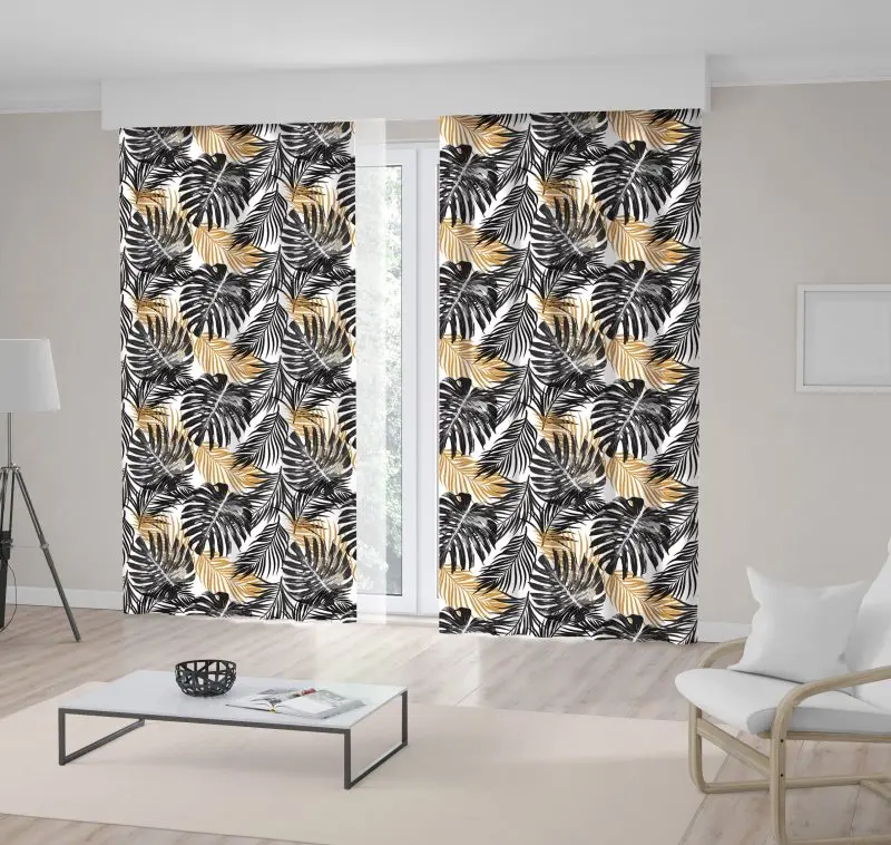 

Curtain Palm Leaves Jungle Tropical Floral Fashionable Pattern in Black and Mustard Modern with Art Print