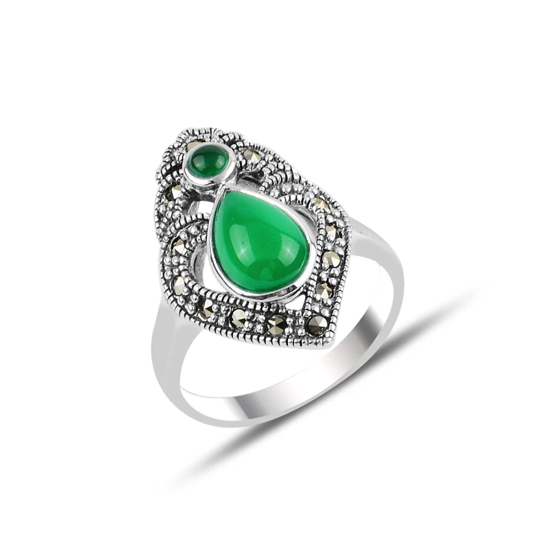 

Silver 925 Sterling Green Agate & Marcasite Ring
