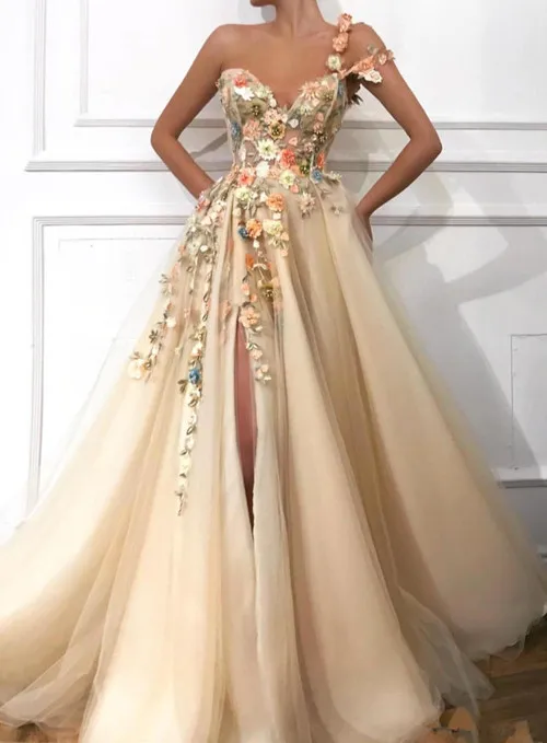 Robe De Soiree/Коллекция года, платье с цветочным узором для девочек платье на одно плечо Аппликация с разрезом, торжественное платье для выпускного вечера, вечерняя мантия A Line Robe Soiree - Цвет: Бежевый