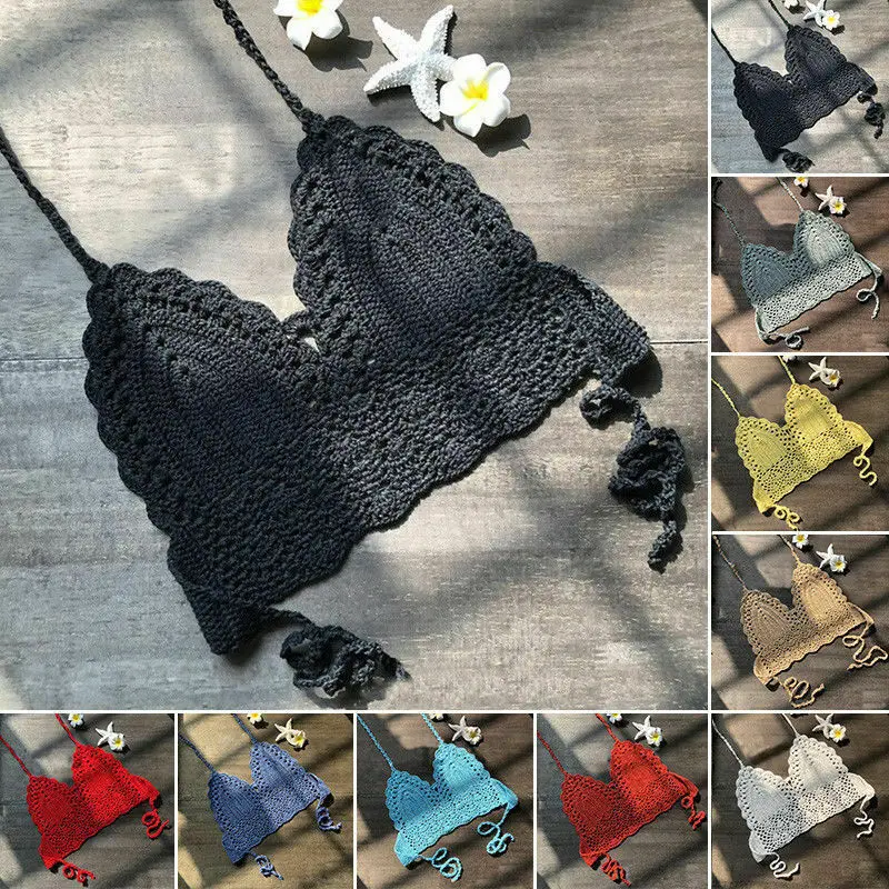 Сексуальное пуш ап бикини Топ Для женщин крючком Бохо пляжные маечки С Рисунком