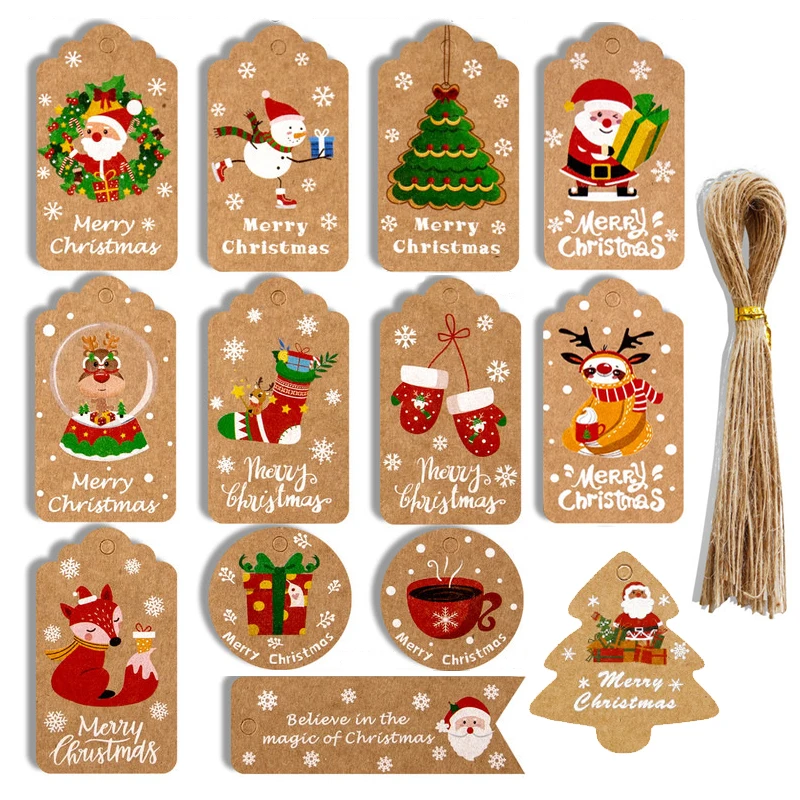 

48/50Pcs Christmas Kraft Paper Tags Merry Christmas Gift Wrapping Labels Card Santa Claus Xmas Tree Hang Tag New Year Decor Noel