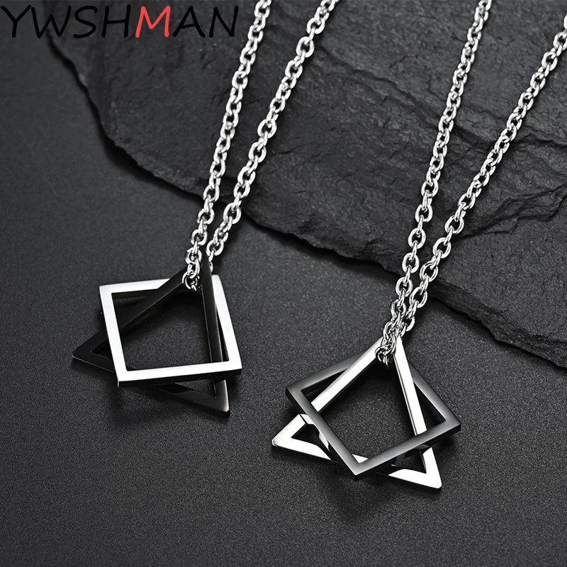 

Geometry Interlocking Square Triangle Male Pendant for Men Modern Trendy Geometric Stacking Streetwear Necklace