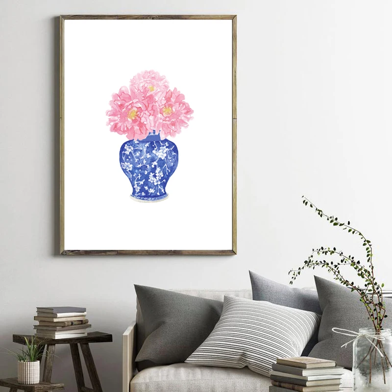 Акварельные пионы китайские вазы Картина на холсте сине-белая фарфоровая ваза