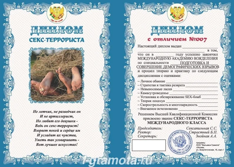 Подарочный шуточный красный диплом &quotСекс-террориста&quot | Канцтовары для офиса и