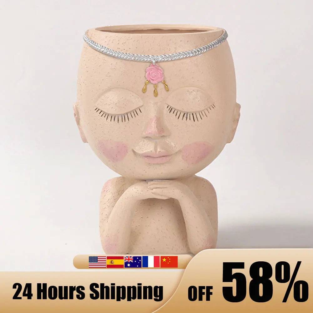 

Girl Face Head Resin Vase Flower Planter Succulent Plant Container Pots for Garden Home Desktop Tabletop Decoration Ornaments