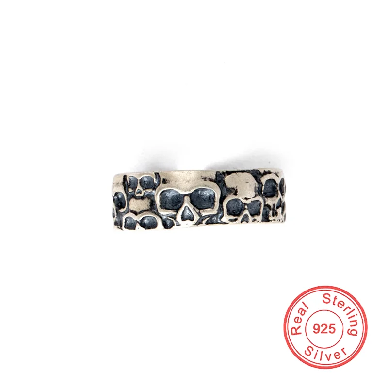 New 100% 925 Sterling Silver Skull Gothic Punk Rings For Men Women Mortorcycle Biker Party Vintage Adjustable Fine Jewelry Gift