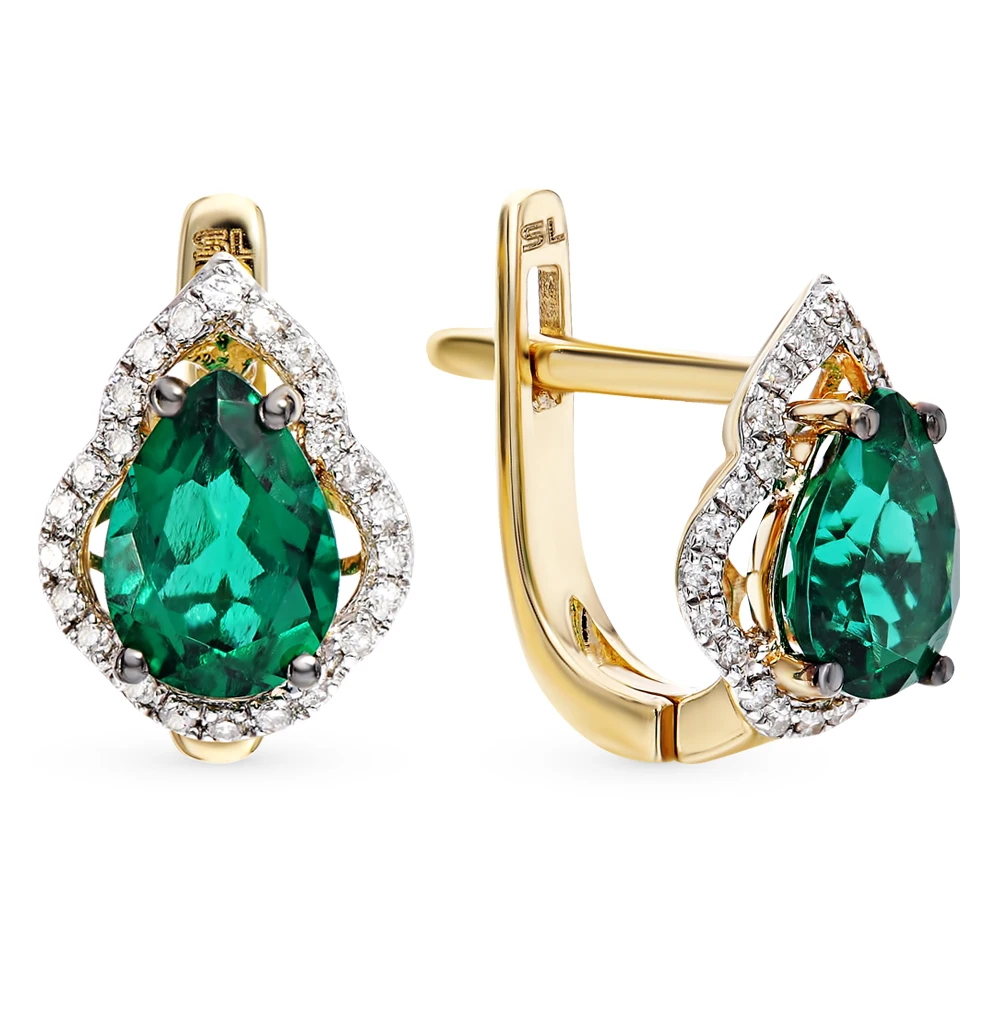 Золотые серьги с изумрудами и бриллиантами SUNLIGHT проба 585|Серьги| |