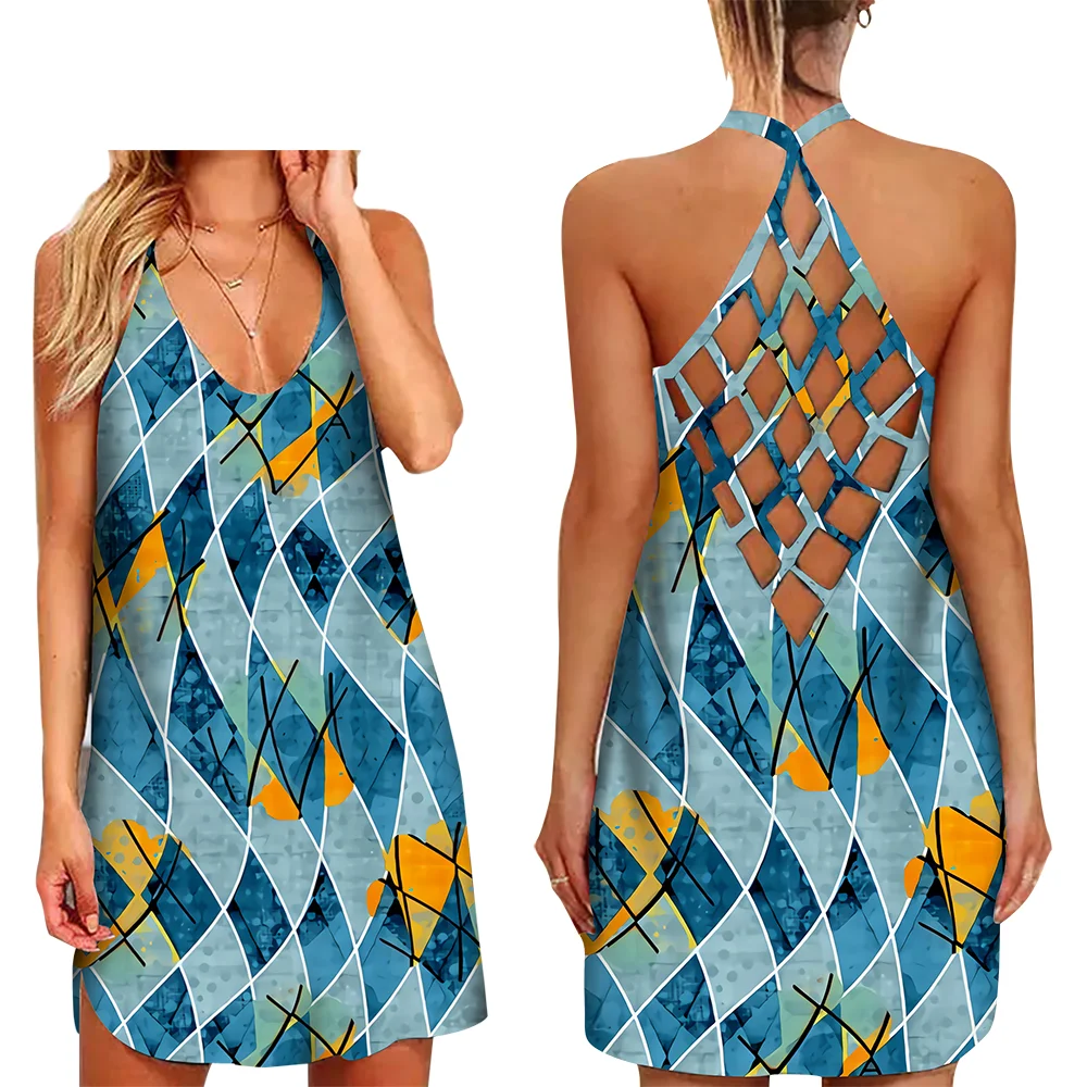 

New Arrival Women Hollowed Out Spaghetti Strap Dress Sleeveless Geometric Pattern 3D Print Sexy Party Dress
