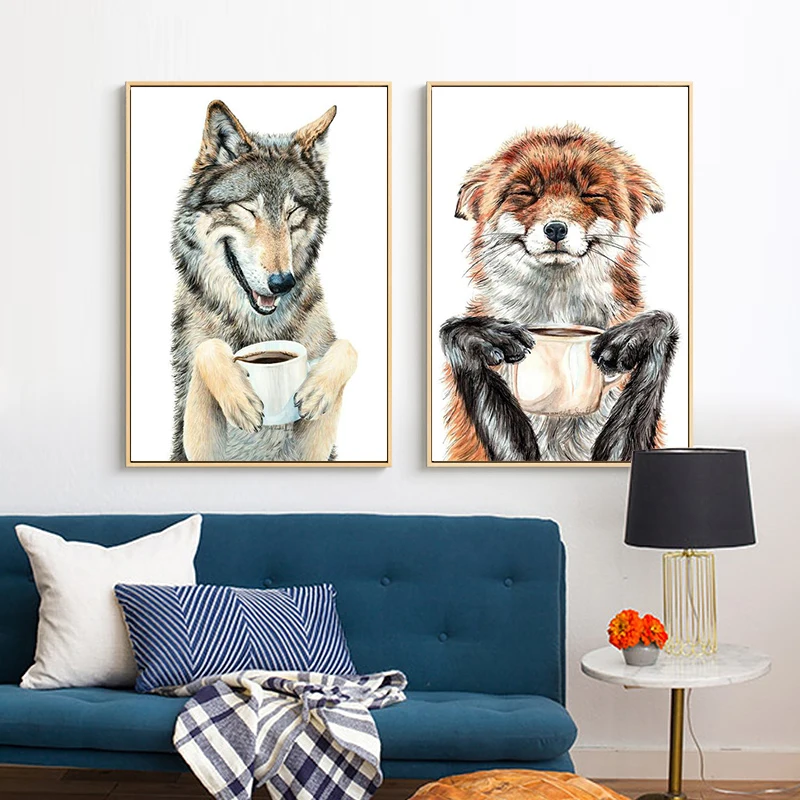 

Fox Gray Wolf Drinking Coffee Wall Painting Funny Animal Poster And Prints Cartoon Canvas Art Decorative Pictures For Home Decor