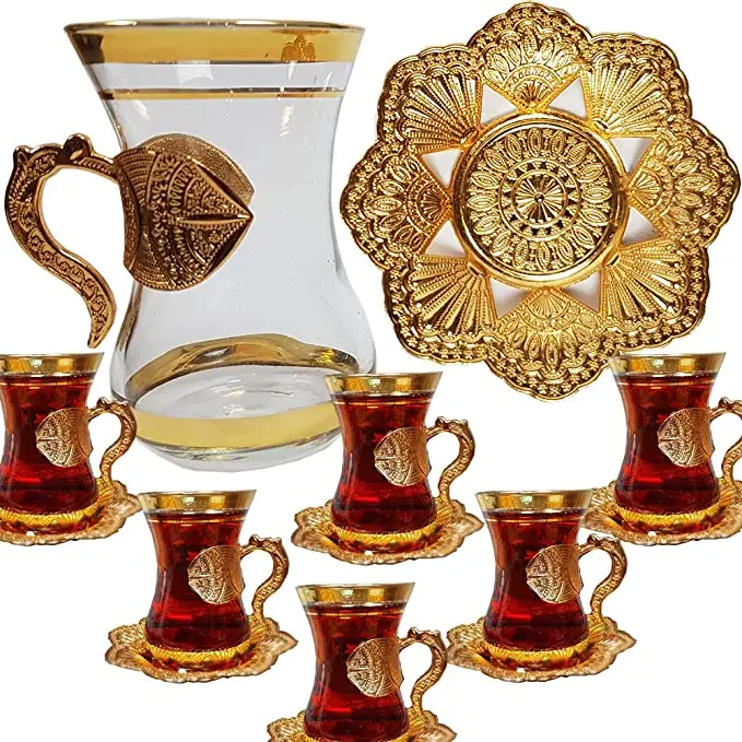 

Turkish tea glass pot set 6 and plates handle arabic ottoman decor for service and drinking housewarming gift N FREE SHİPPİNG