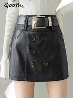qooth retro fashion button a line skirts black high waisted short skirt with belt spring summer elegant work wear skirt qt1437