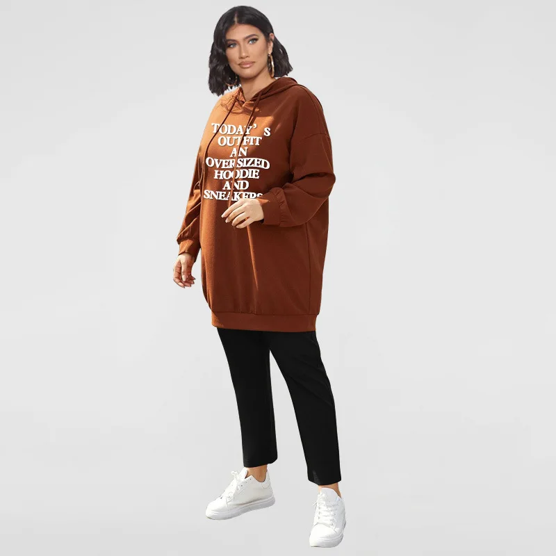 Женский Длинный свитер с капюшоном и надписью рукавами-фонариками |