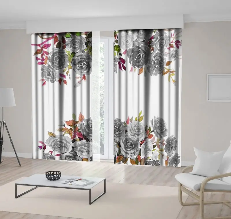 

Curtain Roses and Leaves Bouquet Summer Blooms Garden Flowers Nature Romance Watercolor Art Gray Green Pink