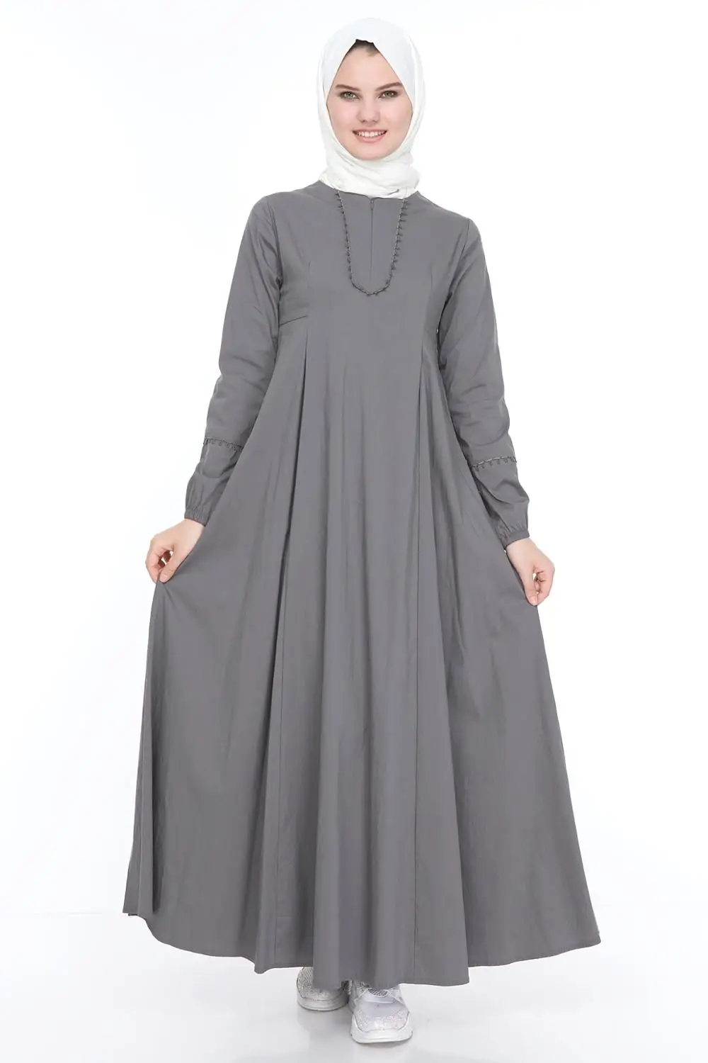 

Islamic dress long Turkey abaya Turkish clothing pleated lace detail on collar thin cotton fabric for summer