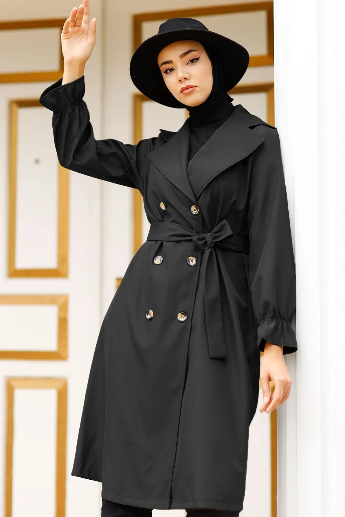 Elastic Sleeves Button Detail Trench Coat Turkey Muslim Fashion Islam Clothing Dubai Istanbulstyles Istanbul Winter 2021