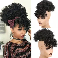 synthetic hair short kinky curly chignon with bangs bun drawstring ponytail afro puff hair pieces for women clip hair extension