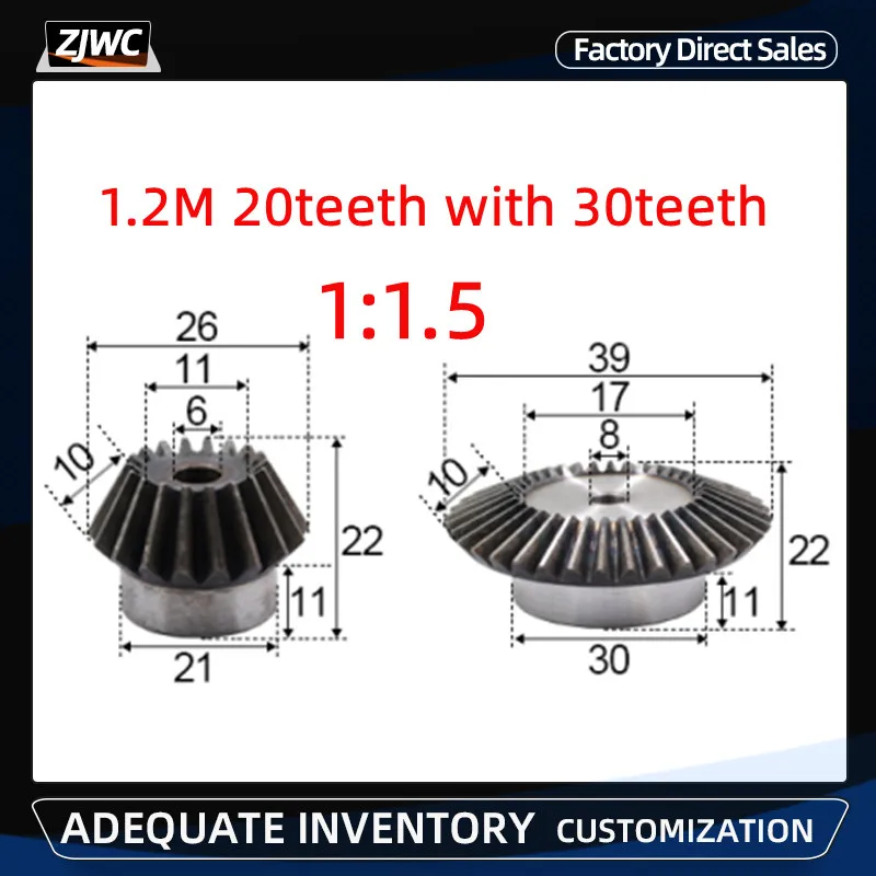 

2pcs 1:1.5 Bevel Gear 1.2 Modulus 20Teeth + 30teeth 90 Degree Drive Commutation Steel Gears Steel Gears