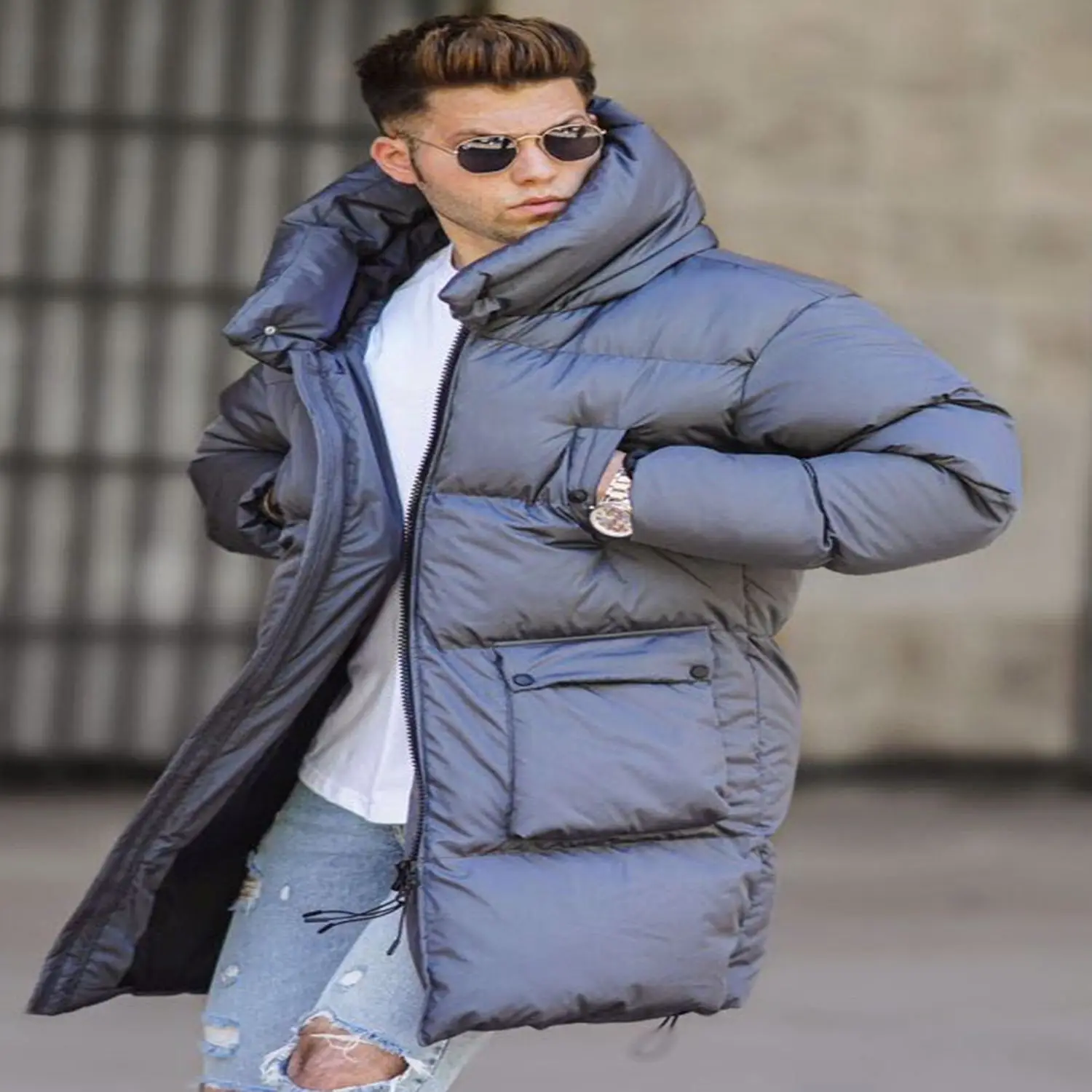 Black Inflatable Long Coats Winter warm men jacket coat casual autumn stand collar puffer thick şapka down filled jacket male