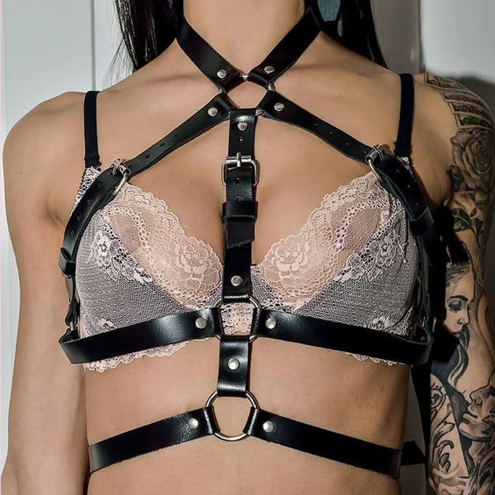 

Sexy Leather Bondage Adjustable Restraints Goth Lingerie Erotic Porno Garters Belts For Women Bdsm Fetish Harness Bra Rave