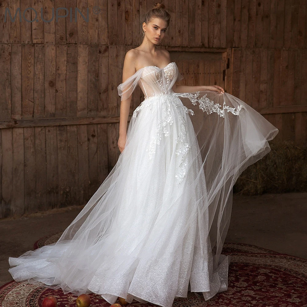 

MQUPIN Boho A-Line Backless Bridal Dress Tulle Sexy Sweetheart Neck Pleated Off Shoulder Lace Appliqué Zip
