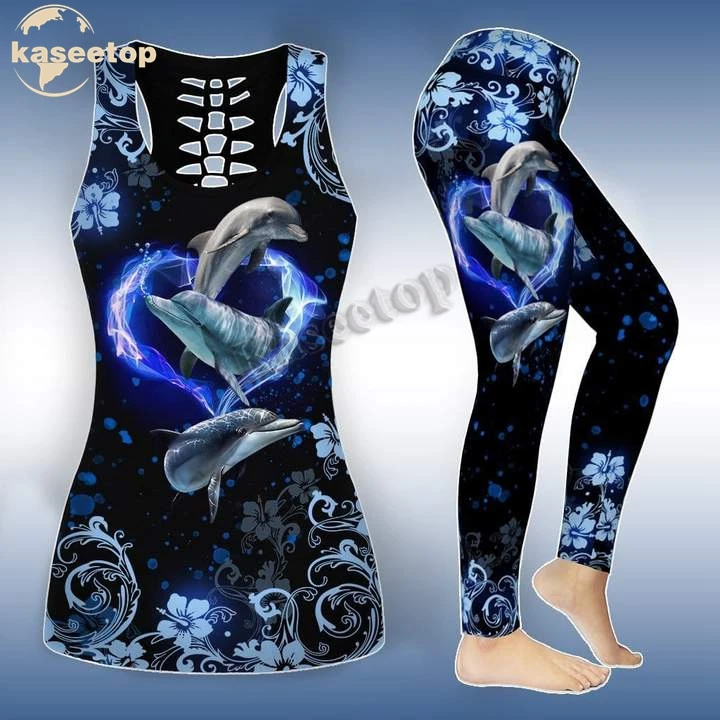 

Kaseetop Love Dolphin комплект из двух предметов для йоги, женский жилет с 3D принтом, летний Повседневный жилет и леггинсы LK06
