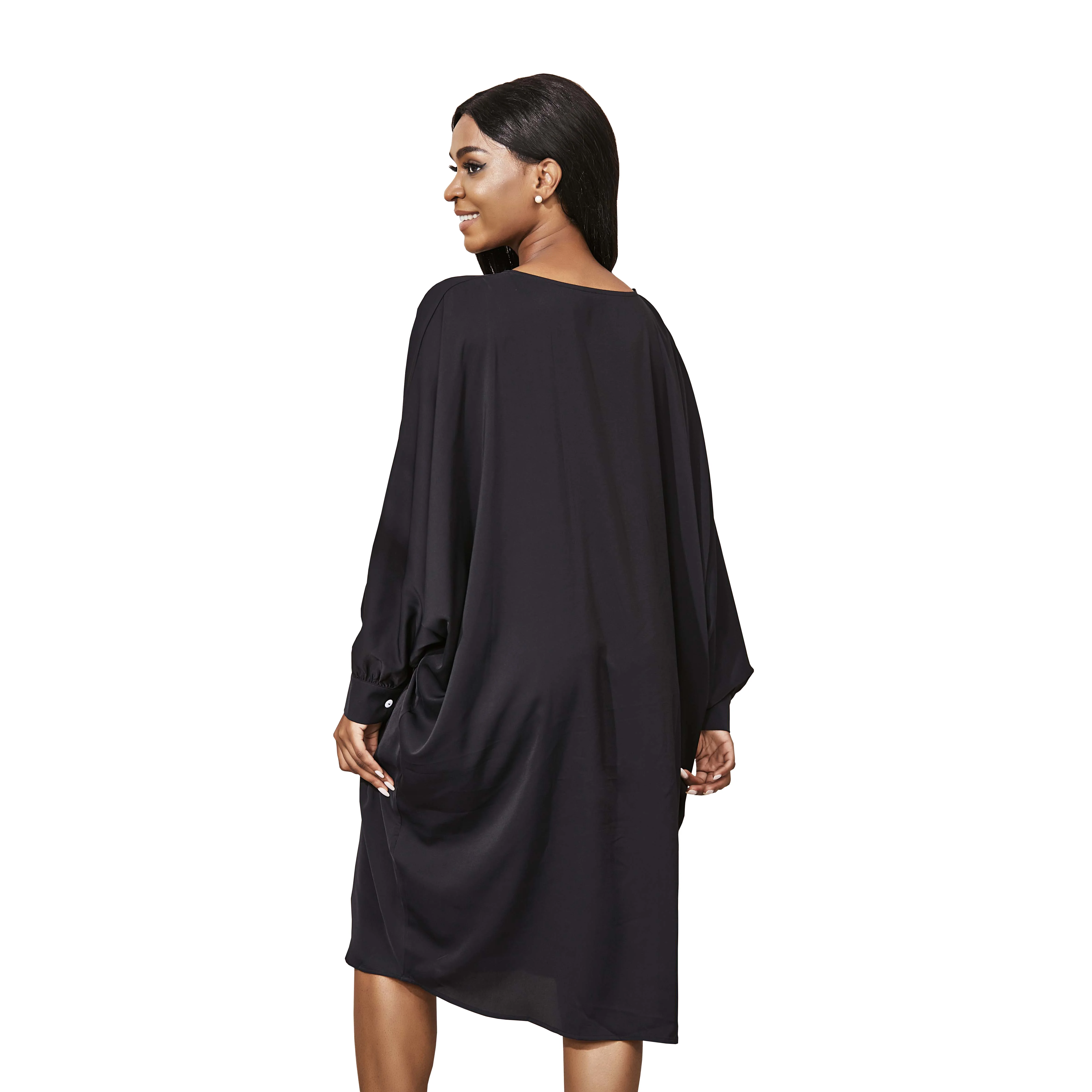 

Spring And Summer Solid Color Daily Full Women Dress Female Woven Black Round Neck Casual Pleate Vestido 2021 Vero Novo