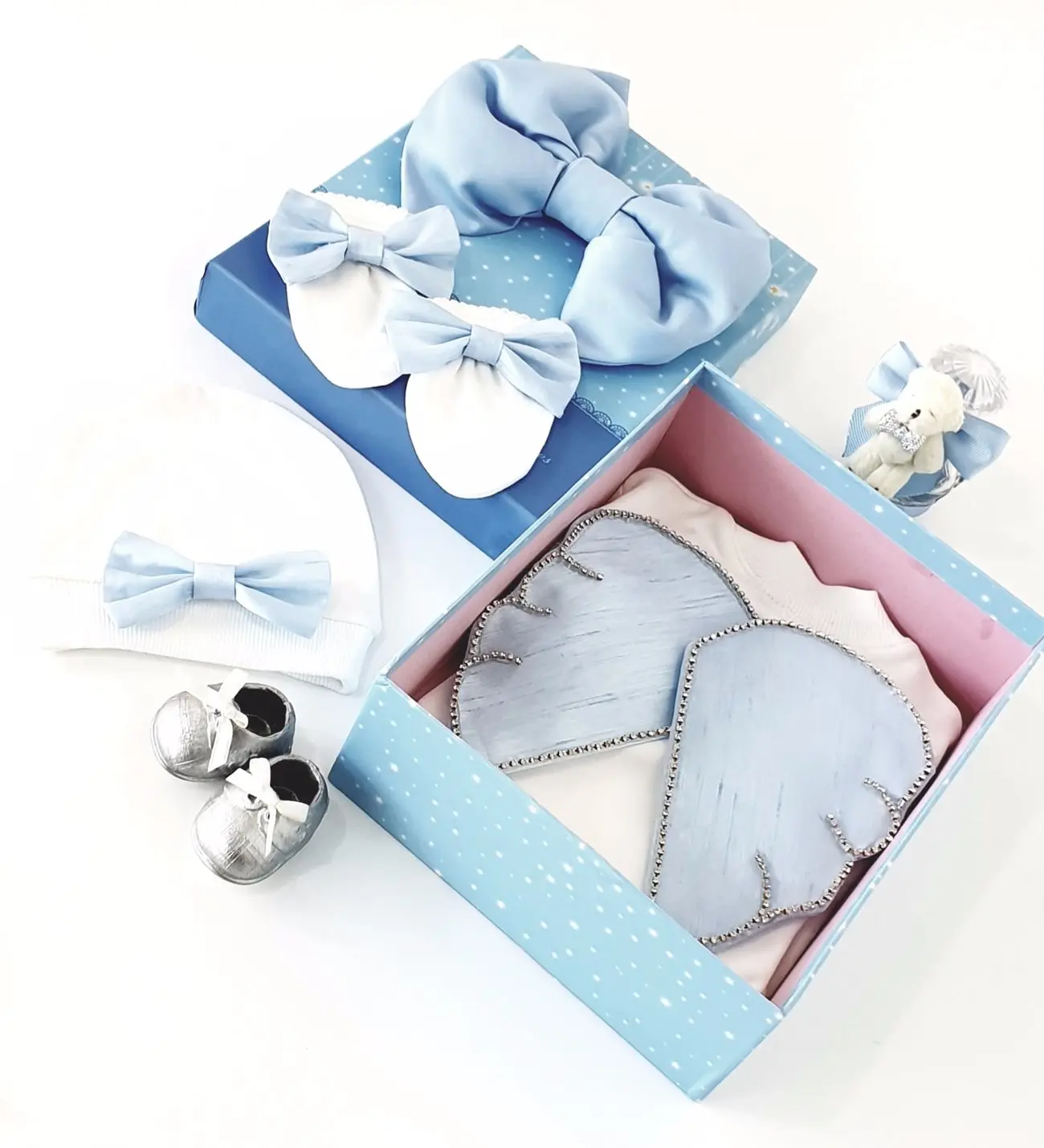 Newborn Angel Wings Baby Boy Rompers Set With Special Box Blue Cotton Rompers Beanie Gloves Shoes