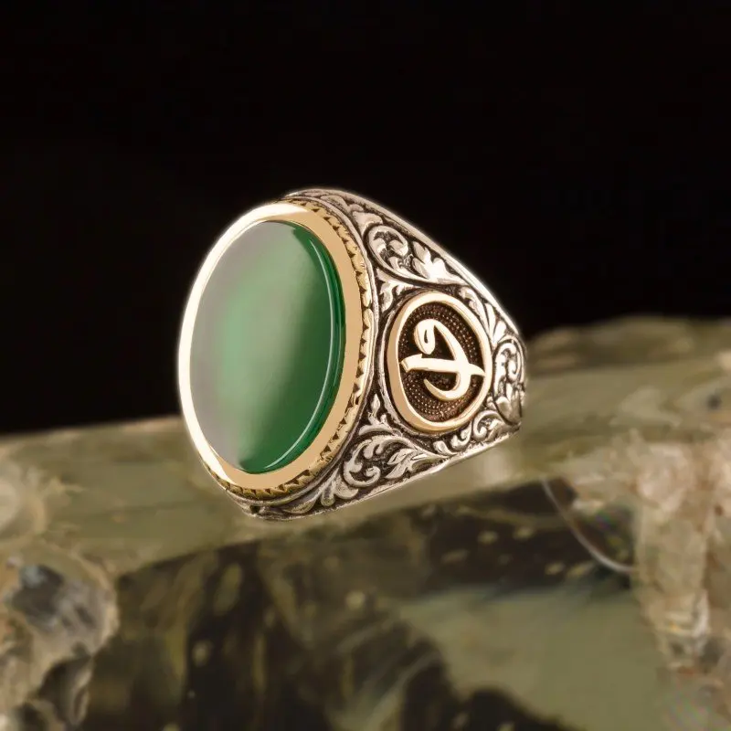 

925 Sterling Green Agate Stone Vav Elif Patterned Silver Ring Fashion Turkish Premium Quality Handmade Jawelery