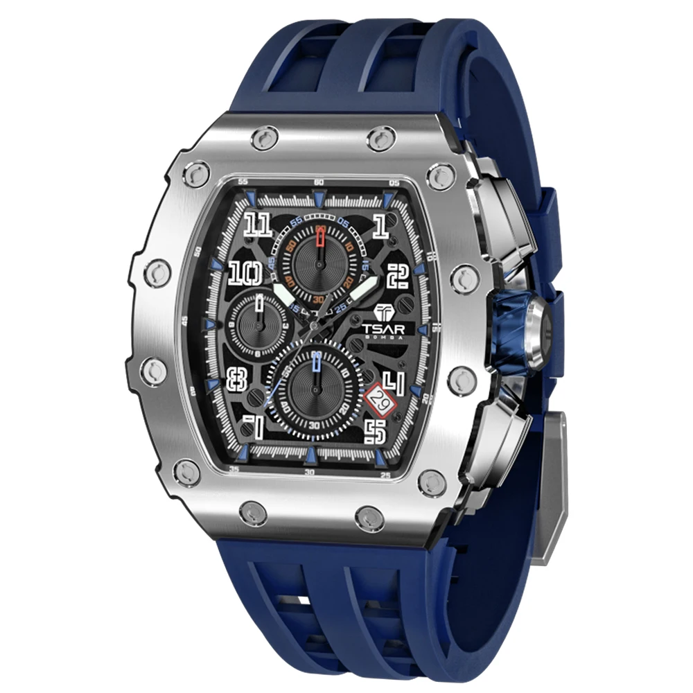 

TSAR BOMBA Watch for Man Luxury Sapphire Tonneau Design Clock 50M Waterproof BigDial Chronograph Richard Mile Wristwatch Relogio