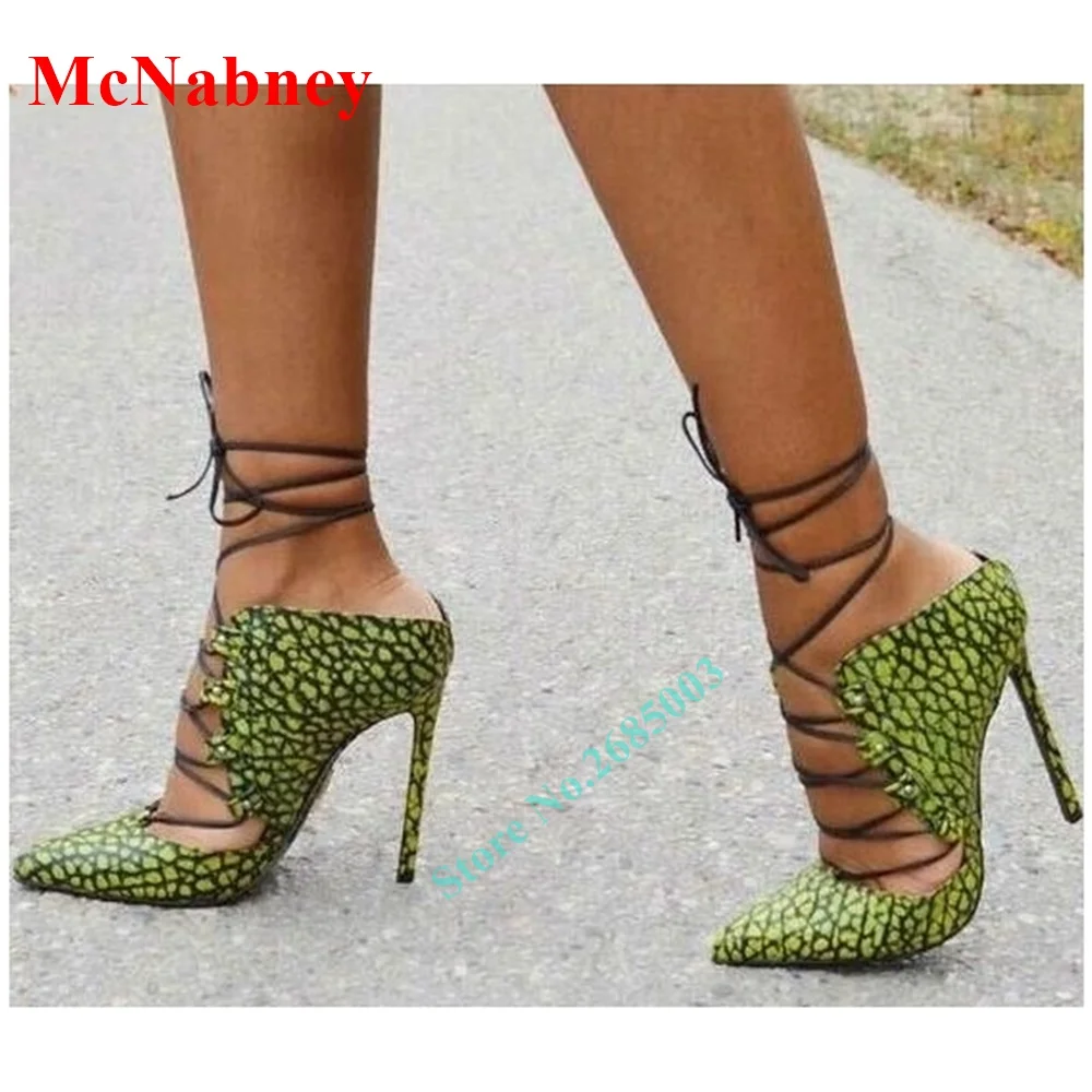 

New Sexy Stone Pattern Hollow Pumps Pointy Toe Lace Up Thin High Heel Women Shoes Cross Tied Party Dress Sandals Summer Spring