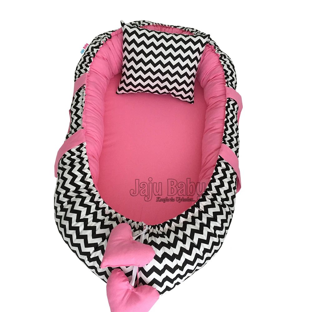

Jaju Baby Handmade Black Zigzag Pink Luxury Orthopedic Babynest 100x60 Baby Bedding Portable Crib Travel Bed Newborn Mother Side