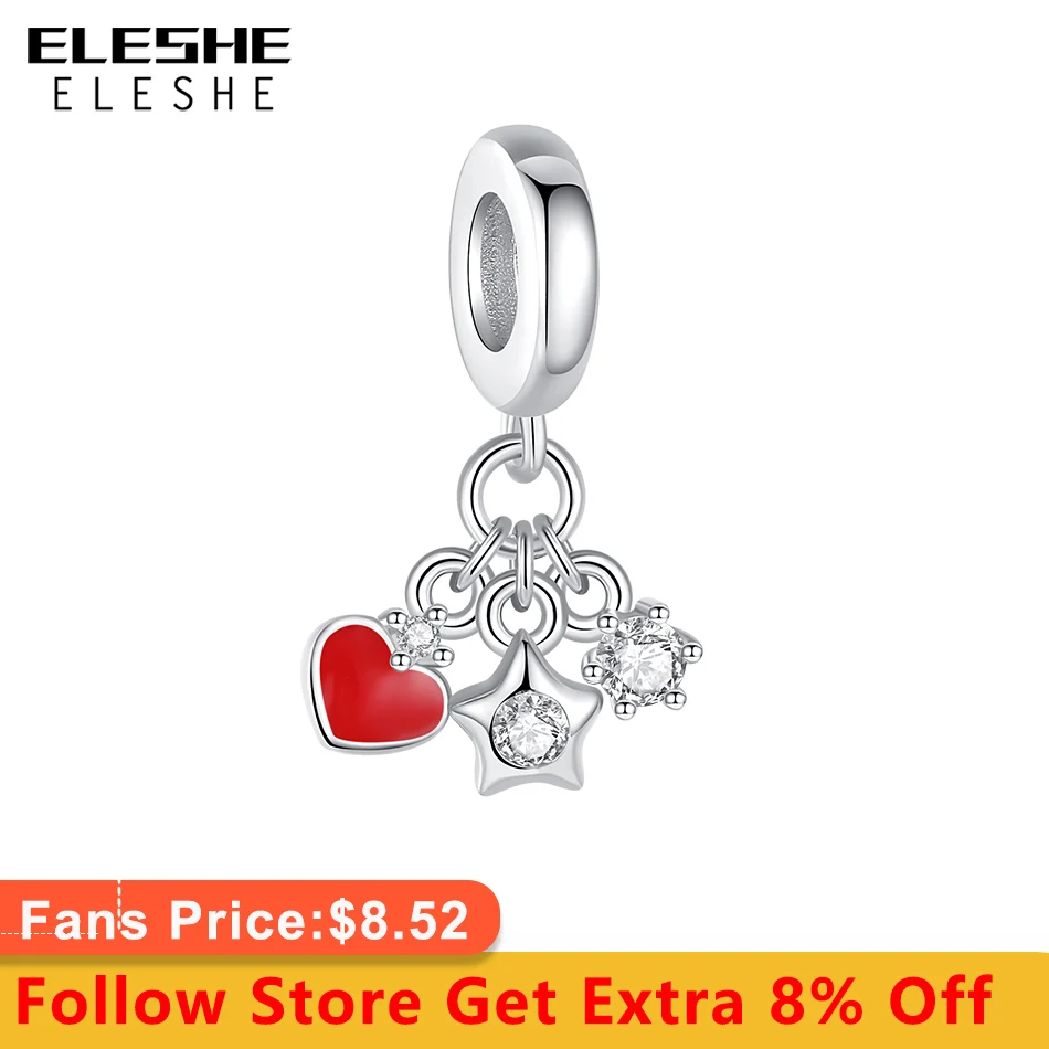 

ELESHE 2022 New 925 Sterling Silver Star & Red Enamel Heart Dangle Charms Fit Original 925 Bracelet Beads for Women DIY Jewelry