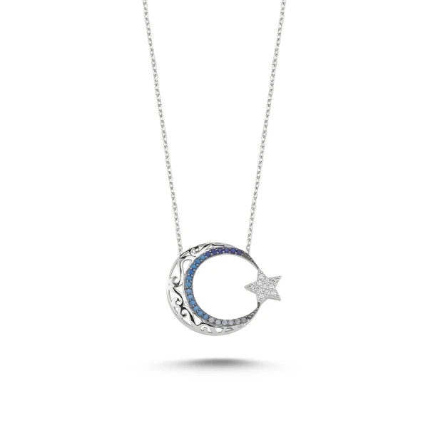 

Серебряное 925 пробы ажурным узором и нано кубическим цирконием ожерелье с Луной и звездой